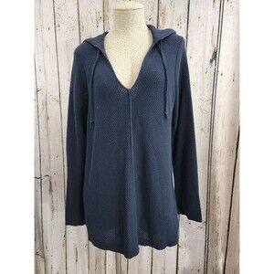 LM Women's Large White + Warren Navy Hooded Knit Cotton Tunic Sweater Pullover